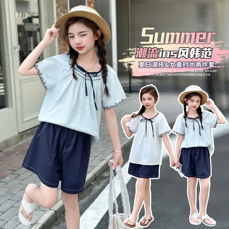 女童夏装套装2025新款洋气儿童装夏季学院风娃娃衫女孩短裤两件套