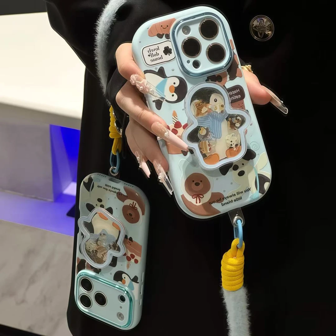 暖冬小企鹅支架挂绳适用苹果16/17promax手机壳华为vivoppo小米14