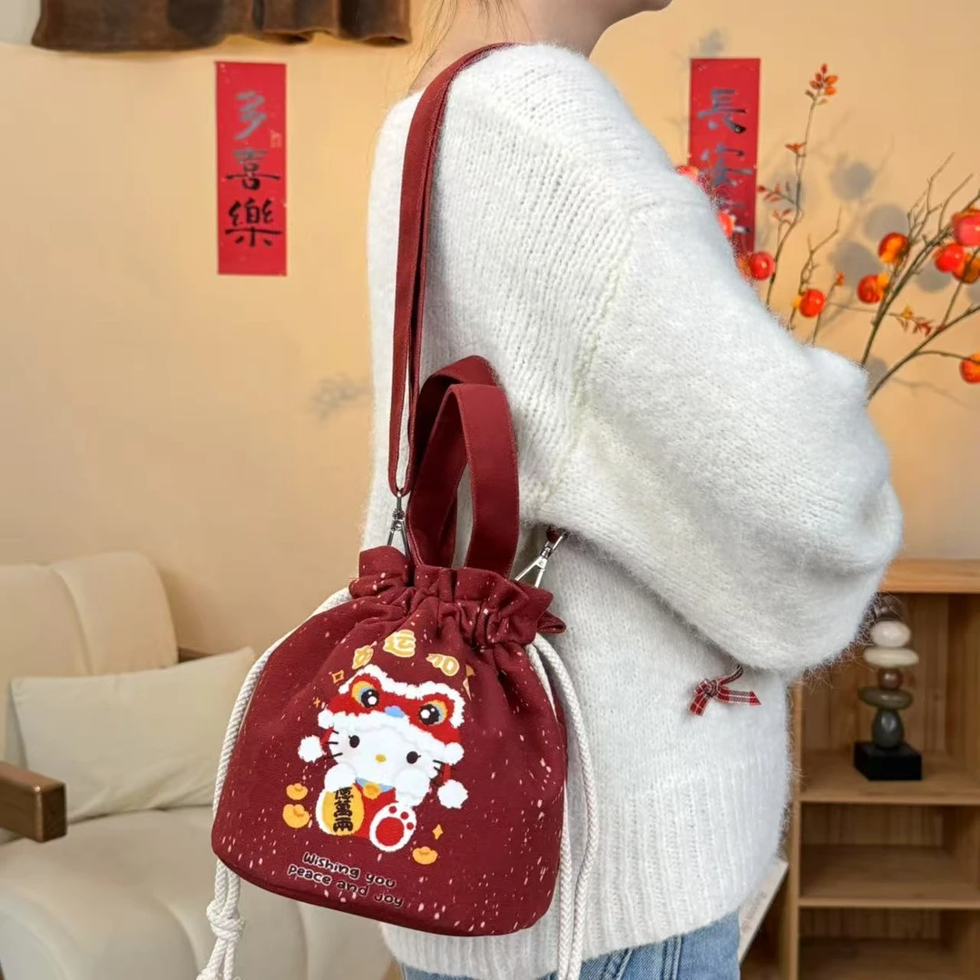 弘娜插画师合作款好运猫猫斜挎手拎束口袋单肩包可爱帆布包女