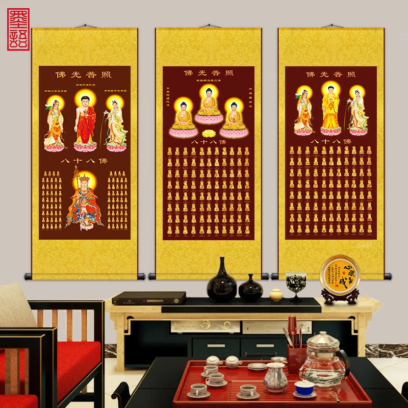 玄关装饰画丝绸实木卷轴观音阿弥陀佛八十八佛客厅布置茶室字画