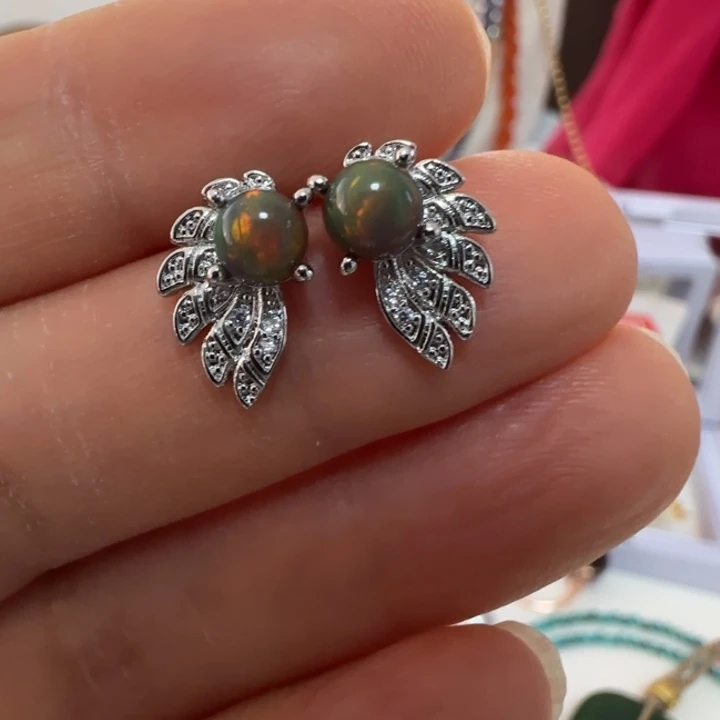 耳钉长石银S925镶嵌精品欧泊天然炫彩