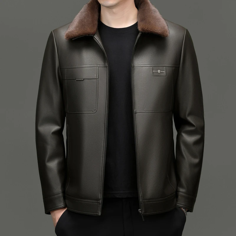 海宁皮衣翻领一体绒加绒加厚时尚休闲百搭新款高端纯色爸爸款帅气