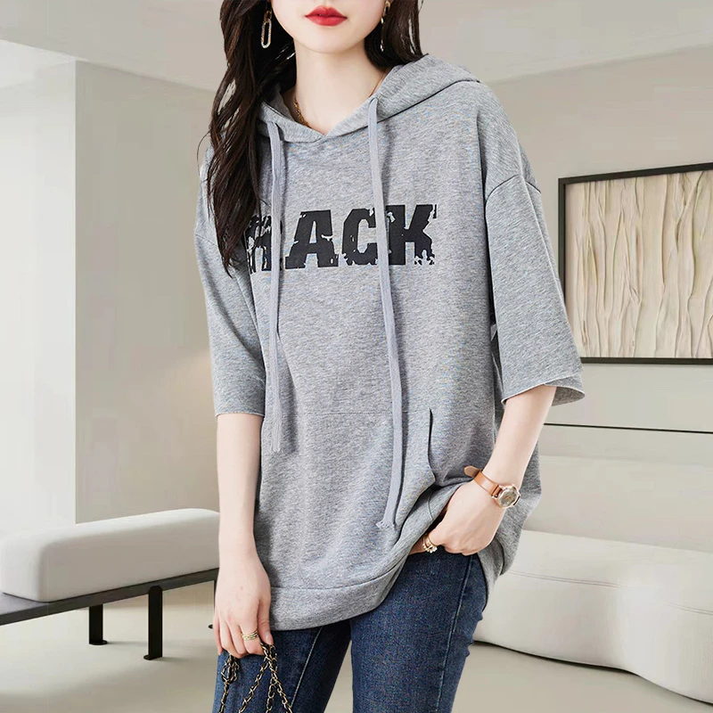 法式连帽半袖卫衣女士2025夏季新款宽松显瘦休闲时尚字母潮流上衣