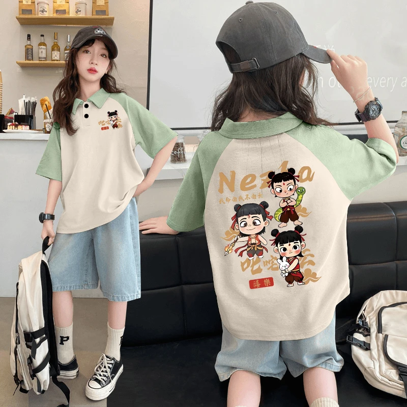 童装女童POLO衫时尚卡通哪吒爆款夏季纯棉短袖翻领女孩子宽松上衣