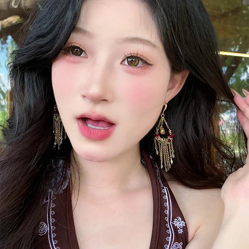 铜合金仿水晶耳饰 金色水滴耳饰 多彩串珠流苏链条耳环新款耳饰