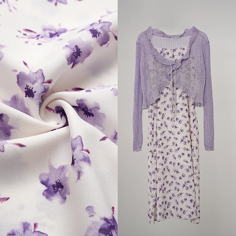 2025新款法式系带长袖开衫碎花印染吊带裙修身显瘦两件套