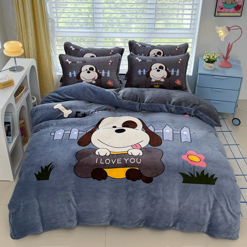 儿童卡通加厚保暖牛奶绒床上套件冬季双面珊瑚绒被套学生床单床笠