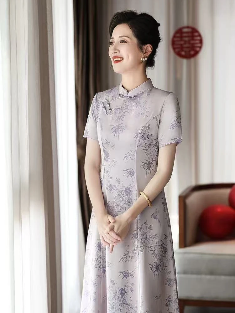 925 新中式紫色旗袍中年妈妈连衣裙喜婆婆婚宴装订婚礼服高端