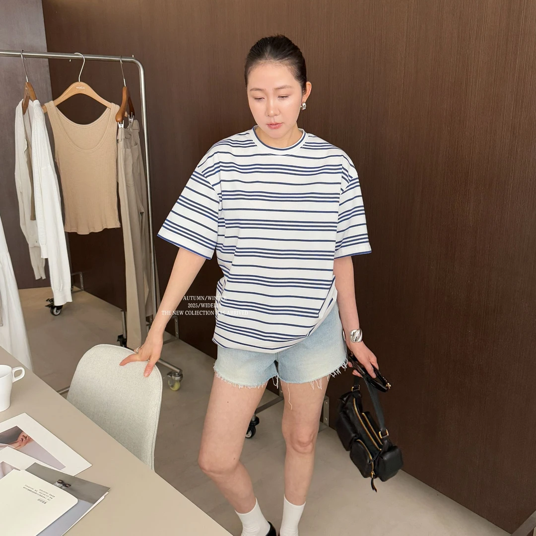 widelia夏季7336韩版百搭休闲宽松显瘦圆领撞色条纹短袖T恤