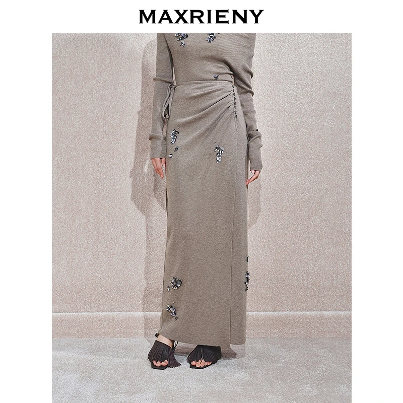 【赵露思同款】MAXRIENY立体华丽钉珠抽褶半身裙气质秋款