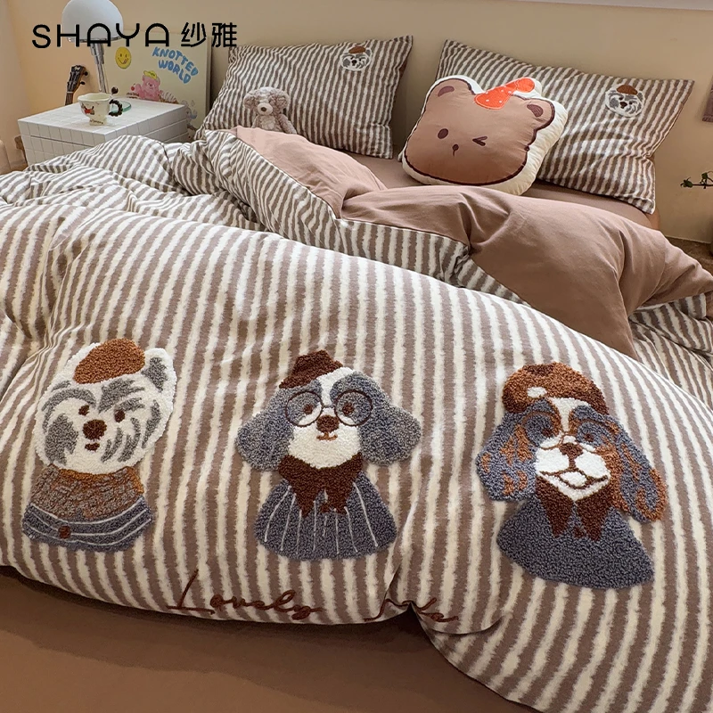可爱汪汪乐园毛巾绣加厚磨毛床上四件套纯棉100%全棉被套床单床笠