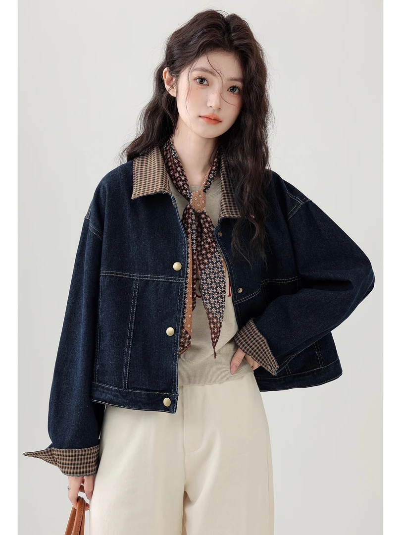 2025秋季新款港风翻领格子拼接牛仔短外套女小个子夹克上衣