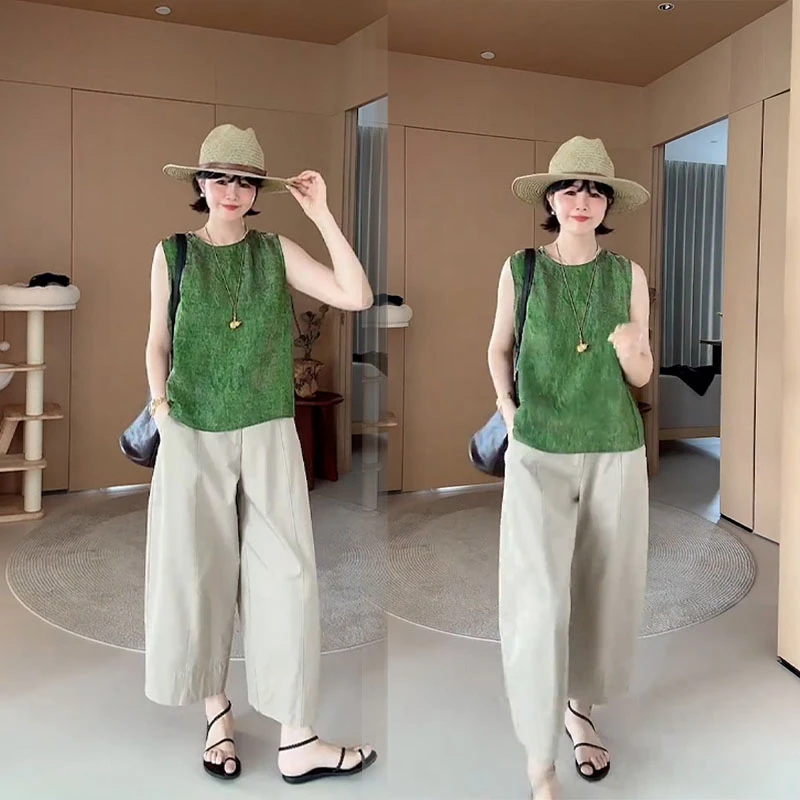 2025夏季超火夏装搭配一整套宽松休闲无袖后背纽扣上衣休闲裤套装