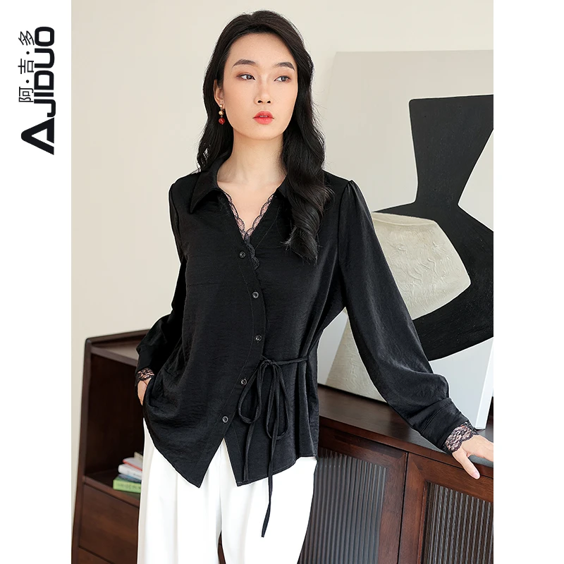 阿吉多A50091减龄洋气斜襟衬衣蕾丝拼接春上衣轻奢黑色长袖衬衫女