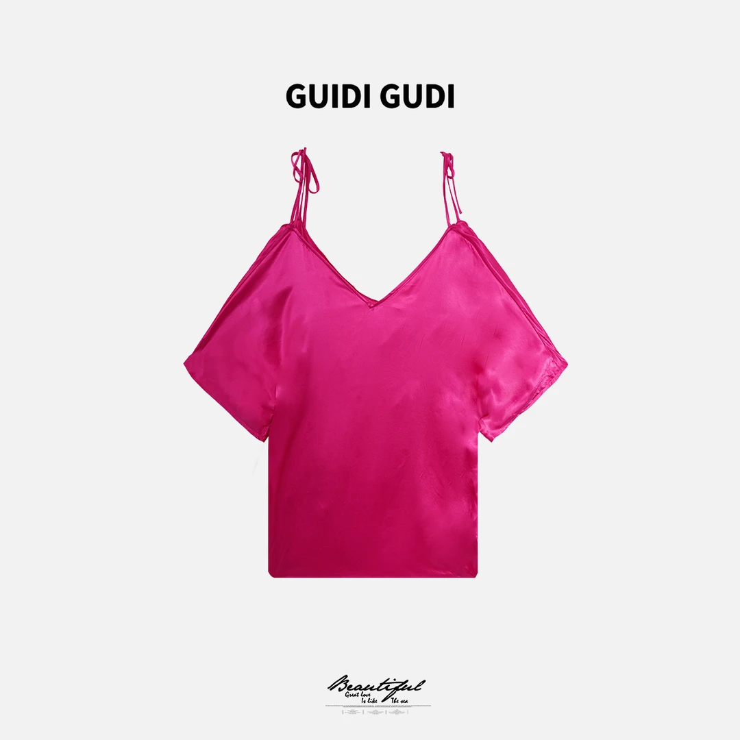 GUIDI GUDI【榛果巧克力】休闲慵懒露肩短袖T恤/黄加蓝