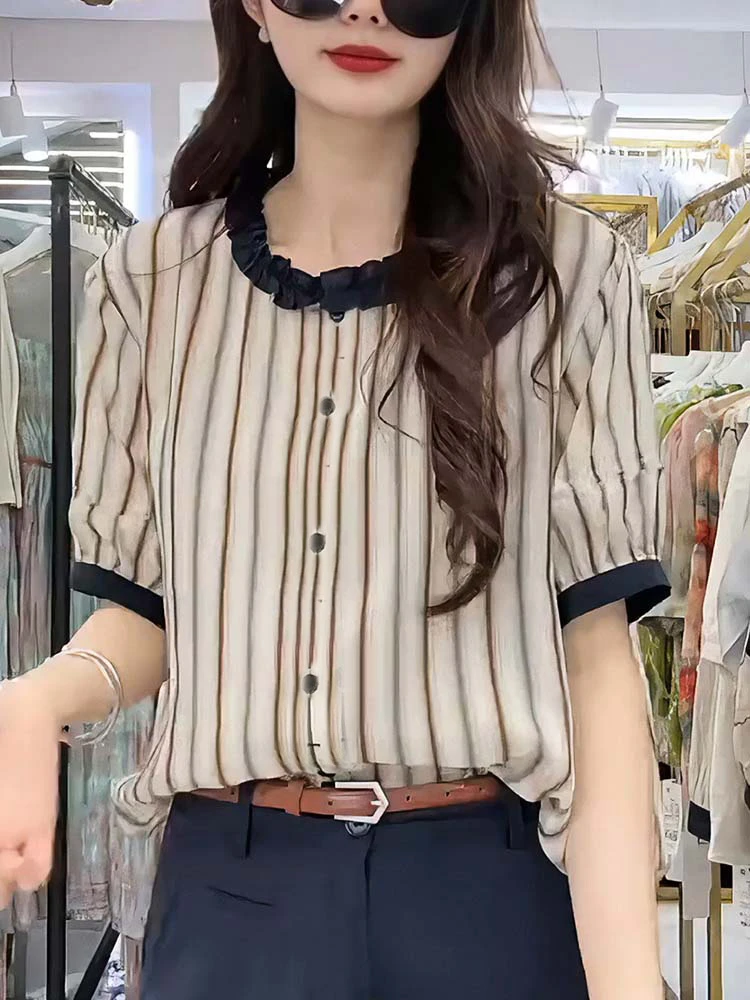 法式高级感减龄薄款撞色条纹短袖衬衫女夏季新款宽松上衣潮