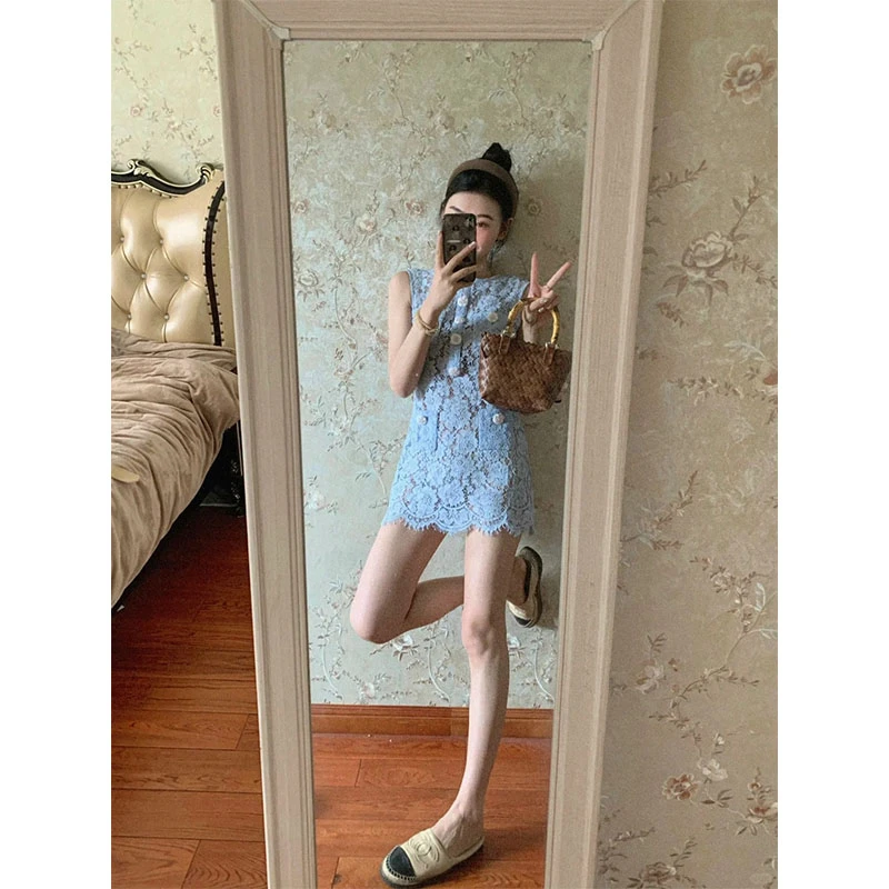 2025夏季网红洋气设计感花边蕾丝无袖背心连衣裙女收腰包臀短裙女