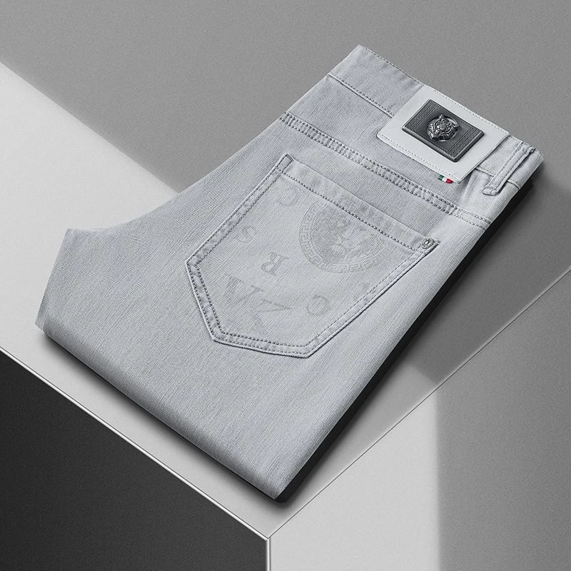 CGIUI秋冬水洗印花磨白灰男士修身小直筒弹力时尚潮流牛仔裤裤子