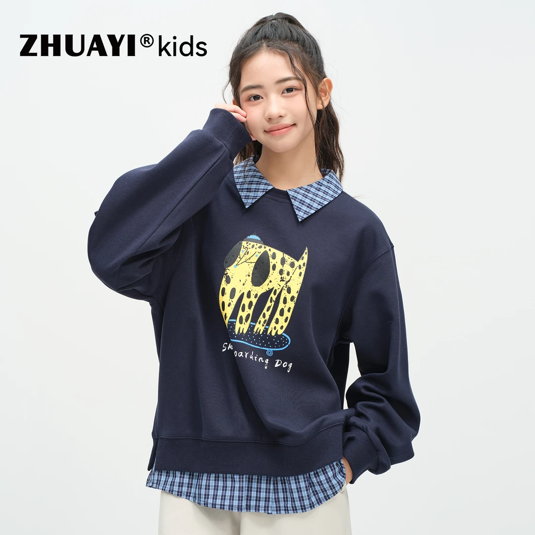 女童拼接撞色格子卫衣休闲套头秋季宽松春秋上衣外套（25303312）1