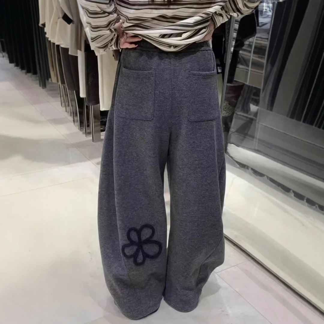 欧货加绒加厚小花休闲裤女冬季新款宽松阔腿高腰显瘦休闲弯刀卫裤