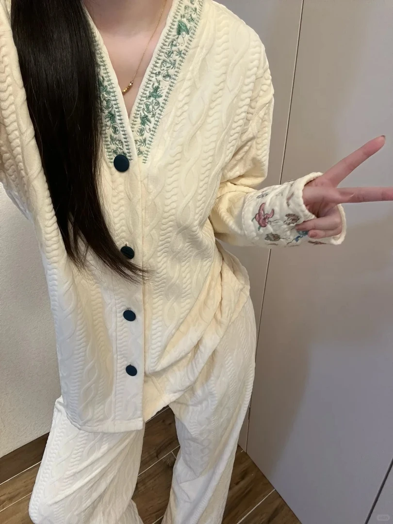 【DMXJ大梦想家】高级感条纹海岛绒睡衣女秋冬款套装加绒保暖家居服