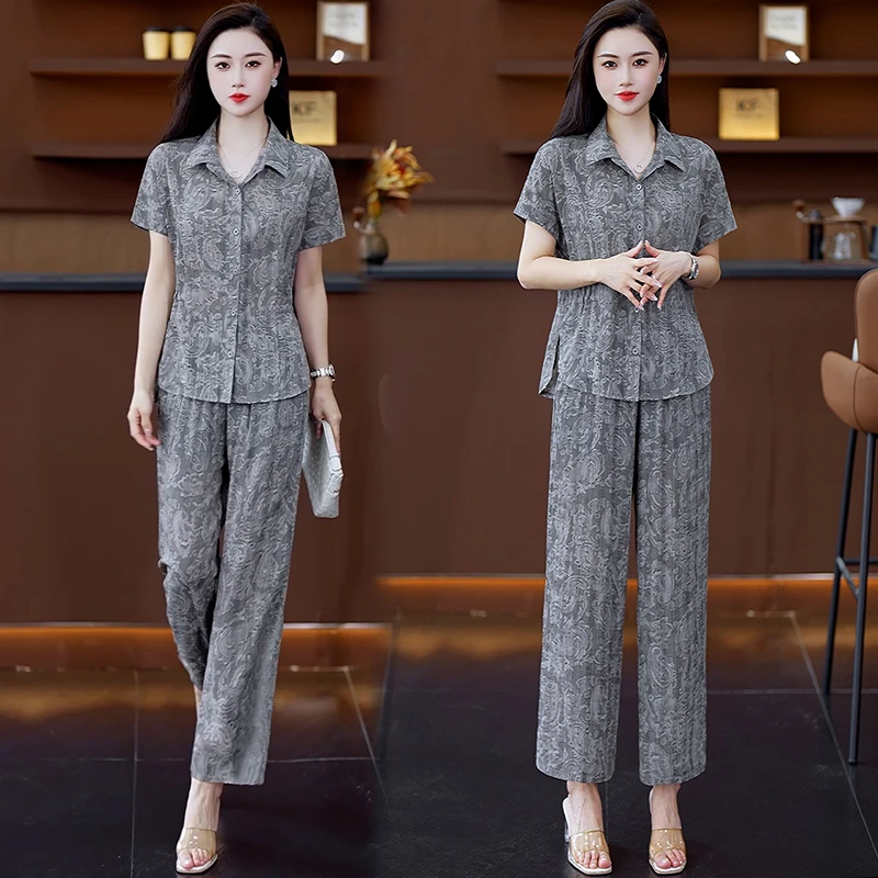 夏季新款印花短袖洋气衣服九分裤两件套修身显瘦气质宽松休闲套装