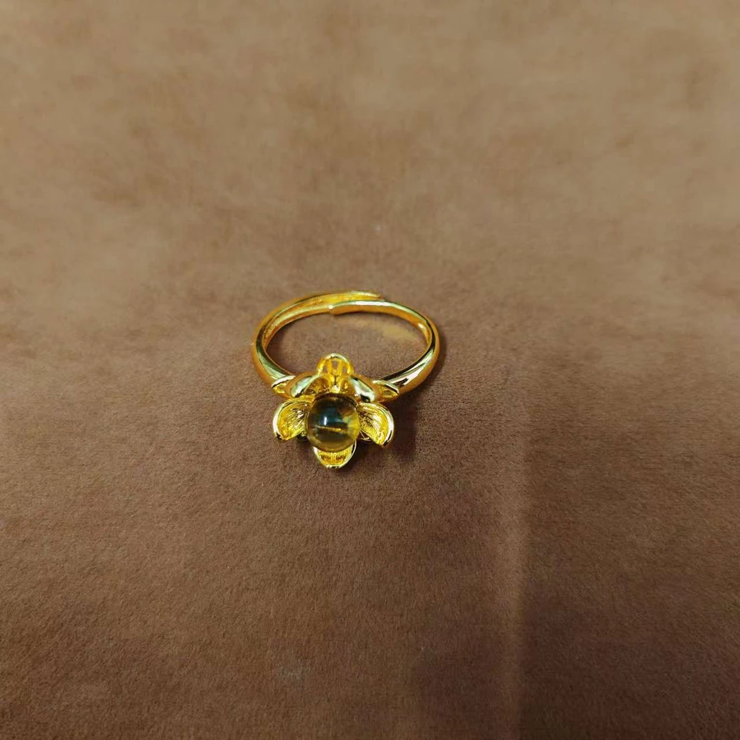 【小七正品】花开富贵琥珀(蓝珀)牡丹花花形合金镶嵌戒指【YDR48】