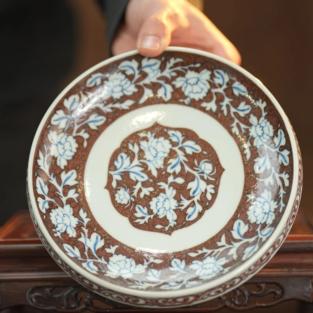 元邑丨青花混底釉里红牡丹壶承 直径18cm纯手工手绘复古茶杯茶具