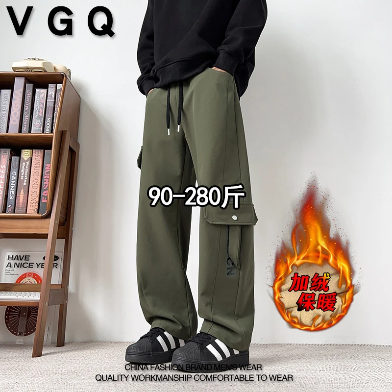 VGQ男士大口袋加绒休闲裤秋季加肥加大码美式休闲加厚直筒长裤子