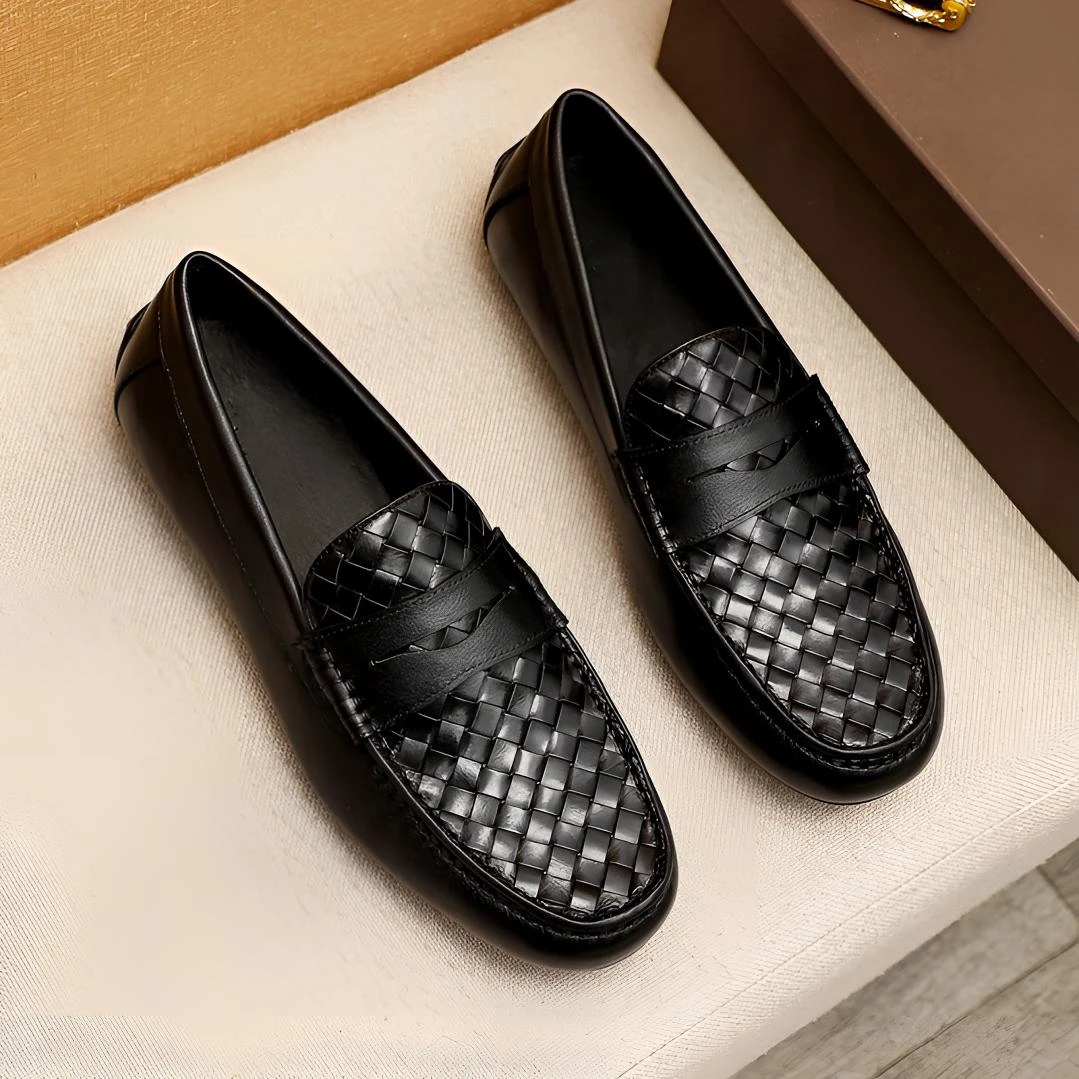 欧洲站男鞋新款夏季透气一脚蹬豆豆鞋真皮编织懒人软底休闲乐福鞋