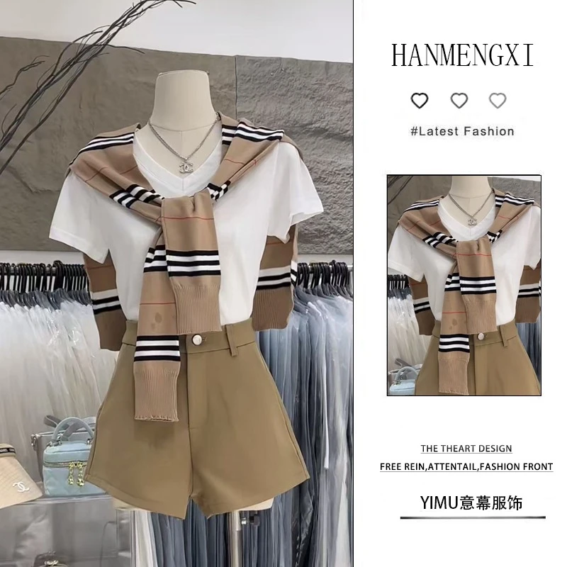 夏季时尚一整套女装2025新款爆款简约百搭披肩短袖高腰短裤两件套