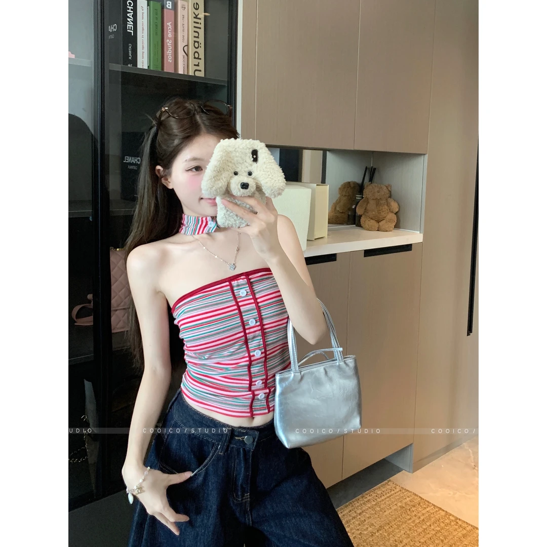 辣妹性感纯欲风重磅条纹挂脖拼接撞色抹胸背心女时尚百搭绝美上衣