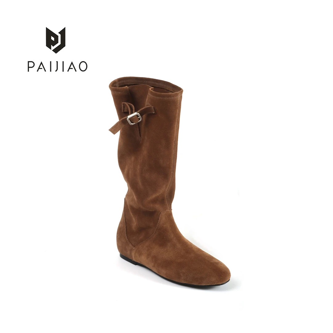 牛皮手工磨砂绒面牛皮中筒显瘦不过膝平底宽筒骑士堆堆靴XD113053