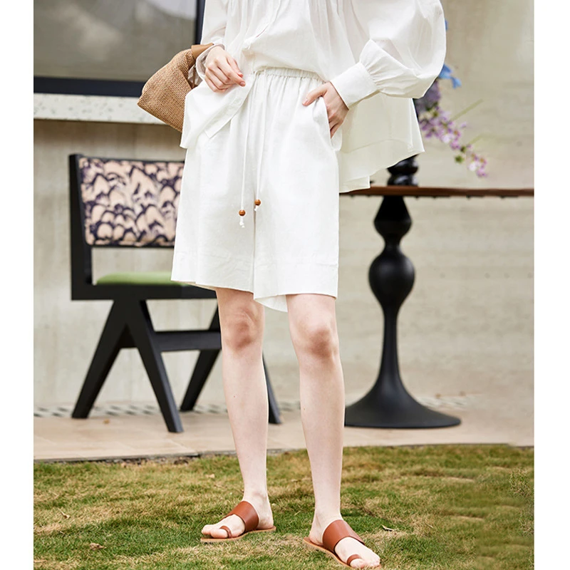 夏季新款高腰显瘦系带三分裤女小个子气质时尚阔腿裤直筒短裤