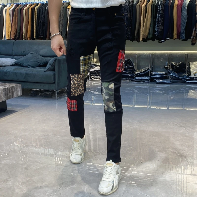 【也许家】新品男士黑色修身小脚牛仔裤拼接弹力潮流百搭长裤GG5028