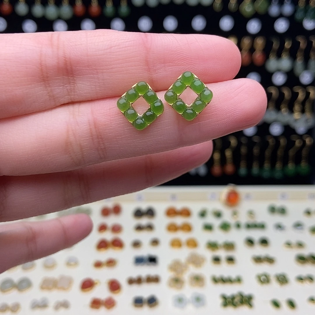 和田玉银S925镀金镶嵌耳饰