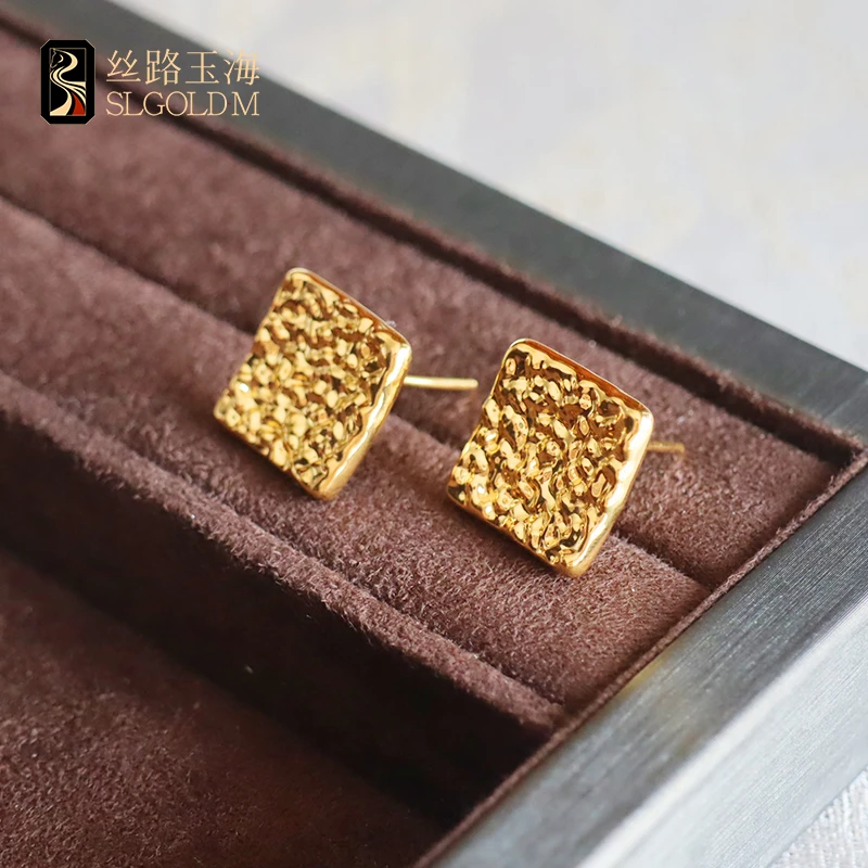 丝路玉海正方形耳钉足金999气质轻奢时尚百搭复古简约个性欧美