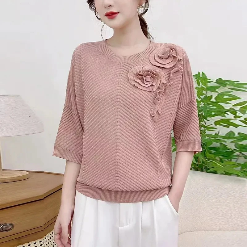 洋气妈妈时尚花朵五分袖针织衫圆领百搭宽松新款显瘦打底气质上衣