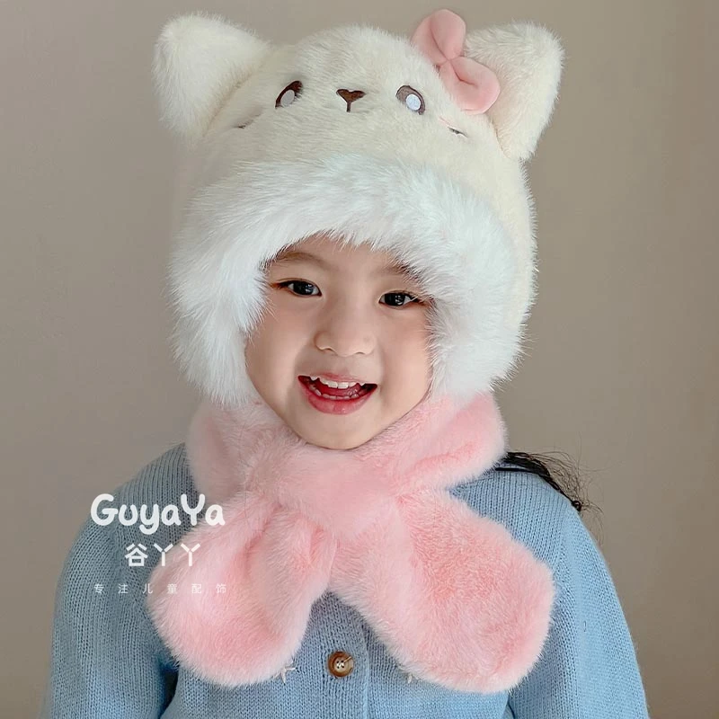 儿童帽子围巾一体帽女童宝宝秋冬季可爱卡通保暖加厚毛绒帽护耳帽