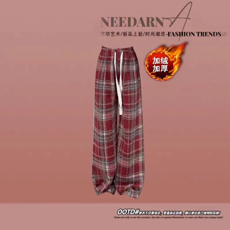 【红色格子黑灰格子口袋】银狐绒加绒加厚秋冬休闲运动直筒阔腿裤