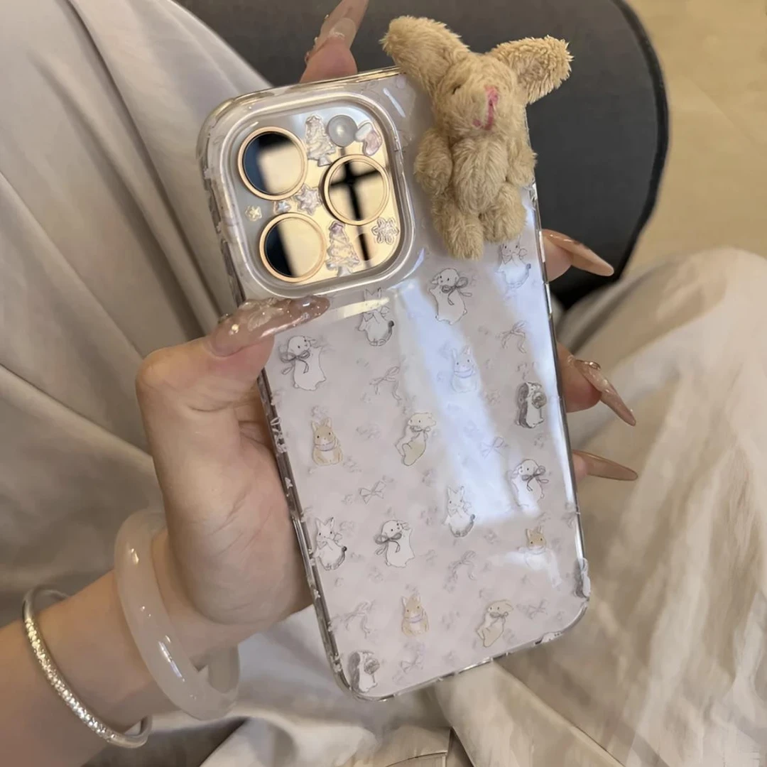 紫色碎花立体兔子适用iPhone16promax大孔手机壳华为vivo小米oppo