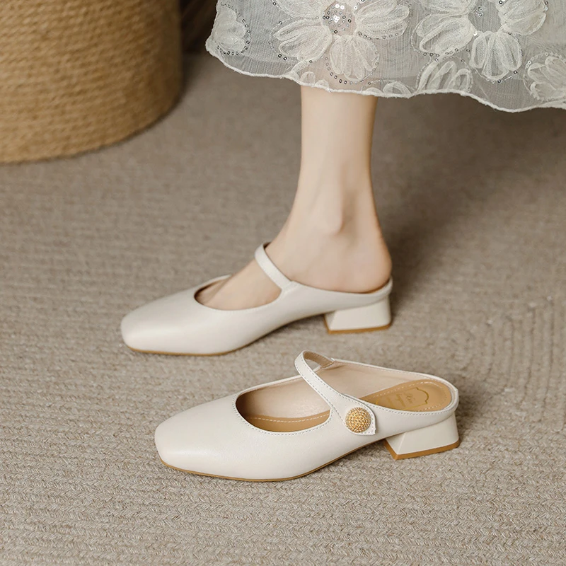 夏季真皮时尚凉拖仙女包头半拖鞋温柔配裙子单鞋增高透气穆勒鞋