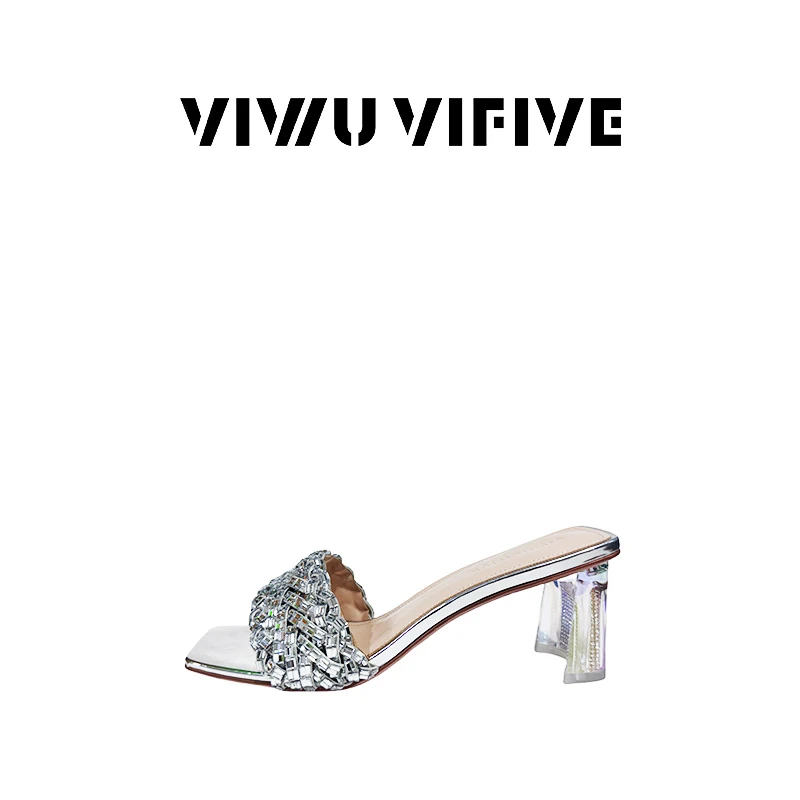 V5「闪星·高跟」2025夏新款爆款银色编织水钻露趾外穿高跟凉拖鞋女