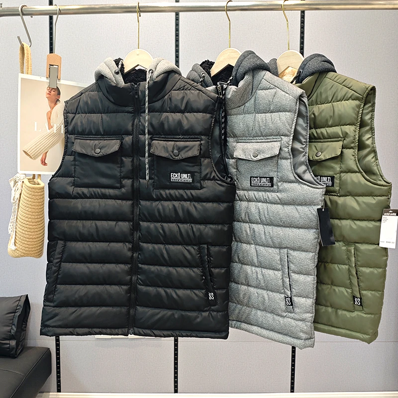 （加厚保暖连帽马甲）秋冬季连帽拉链多口袋经典纯色保暖马甲H