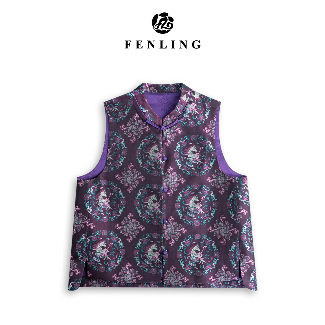 芬领-敦煌弦乐生肖午马头琴纹-非遗桑蚕丝蜀锦幻彩提花马甲BX1423