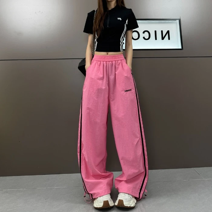 2025夏季薄款速干侧边拼色拼条字母刺绣简约时尚运动休闲工装裤子