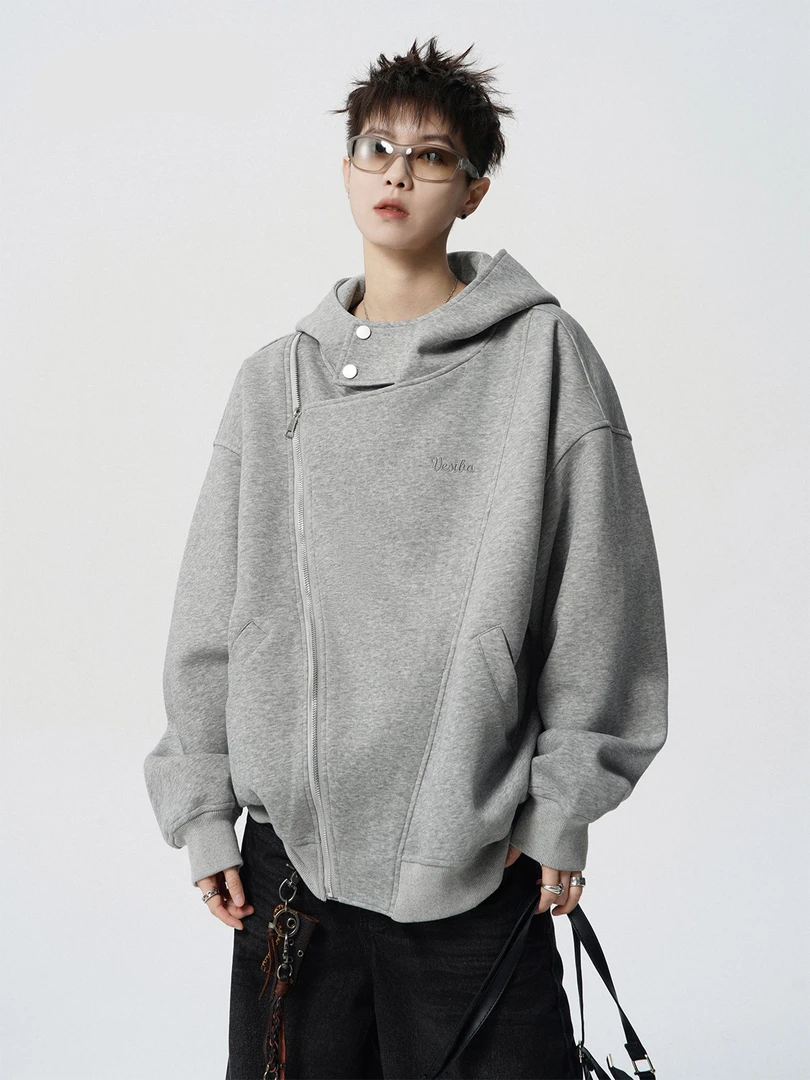 美式双拉链开衫卫衣男春季重磅不规则设计感学生连帽运动外套帽衫