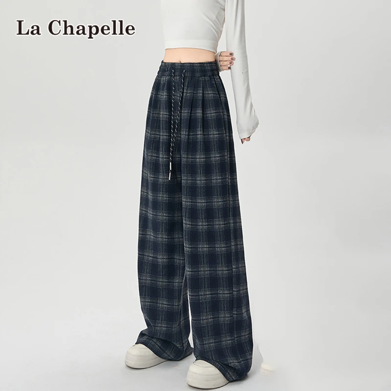 拉夏贝尔毛呢格子裤女春秋季复古直筒休闲裤宽松百搭显瘦阔腿裤子