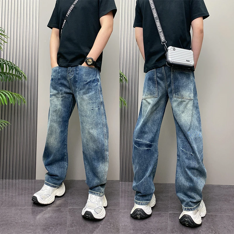 美式复古水洗竹节纹弯刀牛仔裤男2025秋季新款宽松痞帅阔腿长裤子