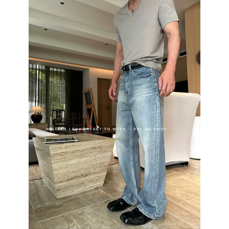 威廉威. 高工艺刷蜡猫须纹水洗蓝直筒牛仔裤/经典耐穿E914